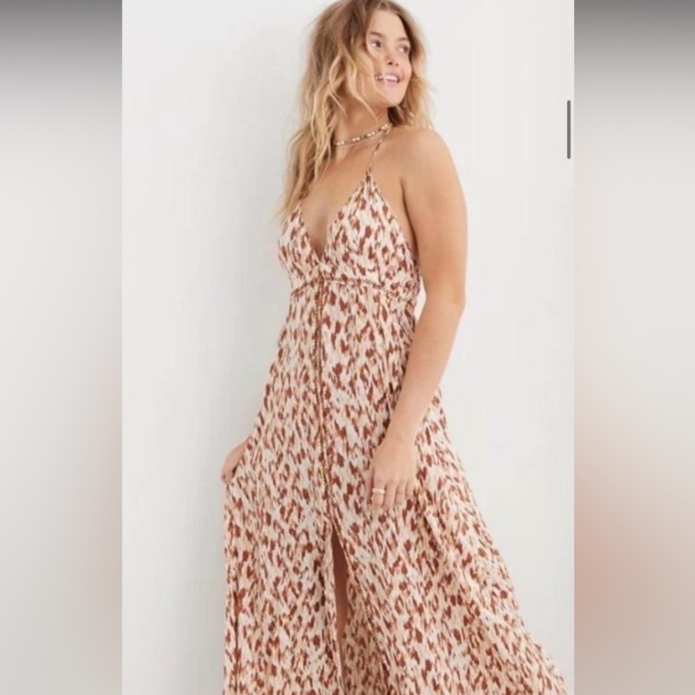 aerie Cream and Brown Printed Maxi Dress